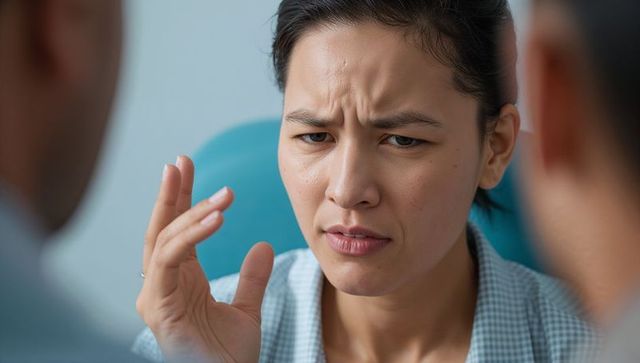 Woman looking concerned holding hand near face during healthcare consultation closeup
