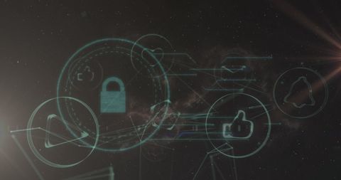 Depicts digital security through padlock icon in a network of technology icons over a dark background. Ideal for representing themes such as cybersecurity, data protection, and network technology in presentations, articles, or digital content.