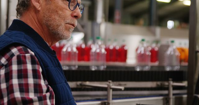 Factory Worker Observing Bottling Line at Beverage Plant - Download Free Stock Images Pikwizard.com