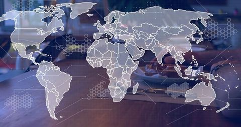 Global connectivity in café with digital world map overlay