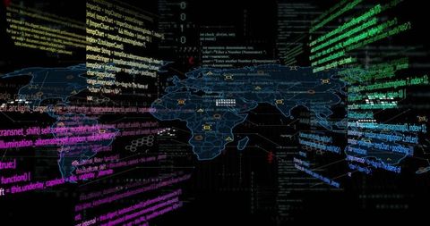 Neon Code Columns Overlaid on Global Network Map Visualizing Cyber Data Flow and Analytics