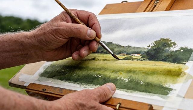 Artist hands painting watercolor landscape plein air on taped paper and wooden easel