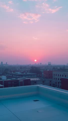 Vertical video capturing descending sun over urban skyline from rooftop parapet at dusk