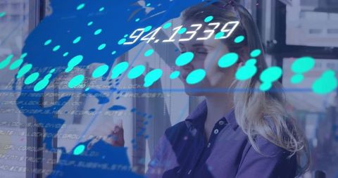 Businesswoman Touching Augmented Reality Data Interface on Office Window for Urban Analytics