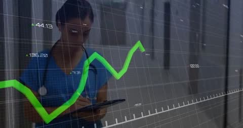Nurse Analyzing Healthcare Data with Upward Digital Graph Overlay
