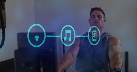 Athlete Rowing with Augmented Reality Fitness Interface and Neon Music Icons