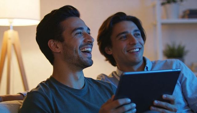 Two friends laughing while sharing tablet on couch in cozy living room evening