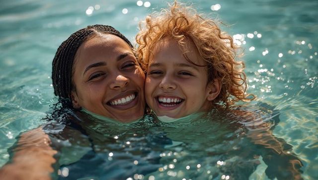 Smiling parent and curly-haired child floating in turquoise pool with sunlit bokeh