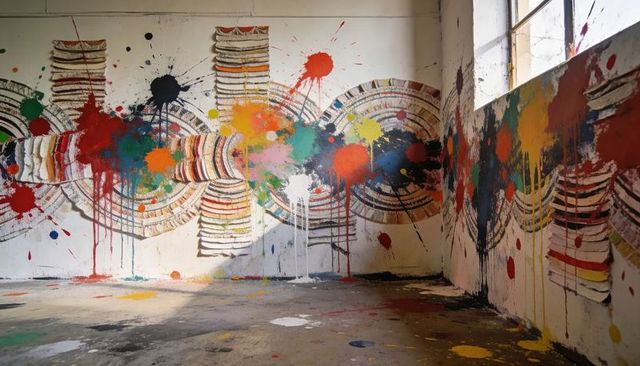 Wrapping multicolor splatter mural in studio corner with dripping paint and textured floor