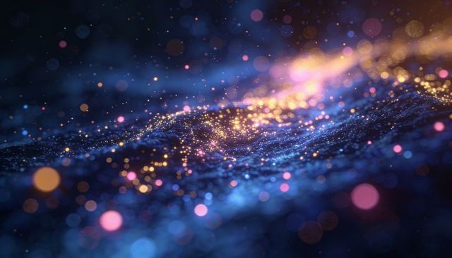 Shimmering cosmic glitter wave with gold and pink bokeh glow, iridescent particle field