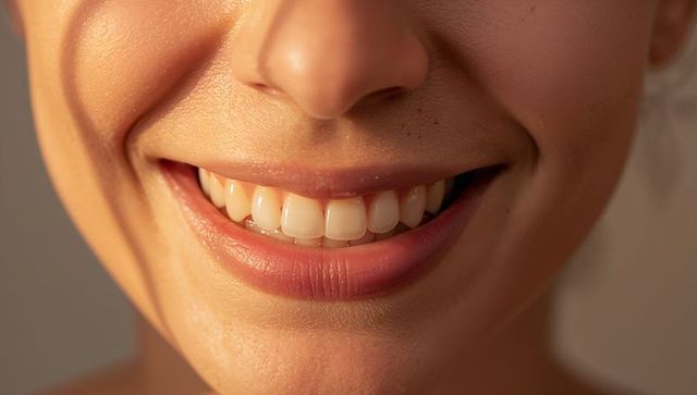 Warm closeup of smiling adult female showing healthy teeth and natural skin texture