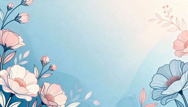 Pastel floral border featuring delicate blossoms and soft blue gradient with copy space