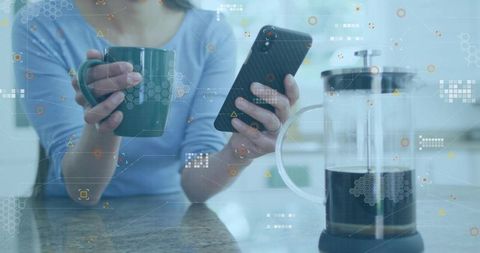 Korean woman holding green mug checking phone at counter with french-press and ui overlay
