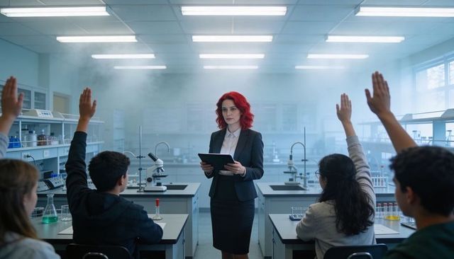 Female science teacher leading high school lab with tablet and students raising hands