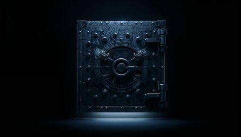 Dominating heavy steel vault door standing in dark secure chamber, showing circular locking hub