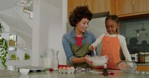 Mother and Daughter Making Cupcake Batter Together in Modern Kitchen
