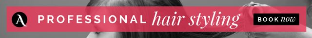 Modern advertisement banner emphasizing professional hair styling services, suitable for promoting hair salons, booking services, and beauty events. Visually appeals to customers intending to get new hairstyles by creating a sense of professionalism and urgency.