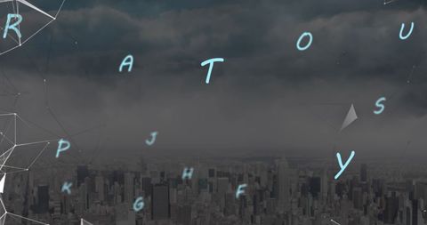 City Skyline with Floating Digital Letters and Network Overlay - Download Free Stock Images Pikwizard.com