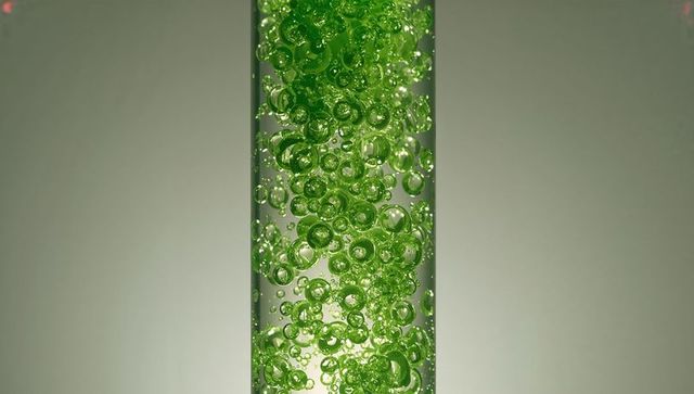 Neon Green Gel Bubbles Rising Inside Glass Cylinder Backlit Abstract Science Texture Macro