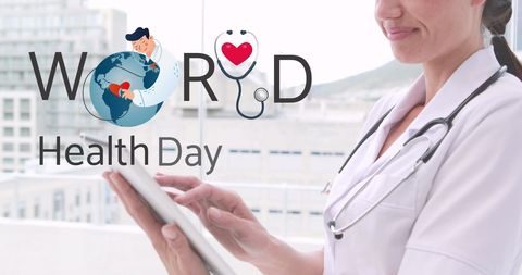 World Health Day Campaign with Female Doctor Using Tablet