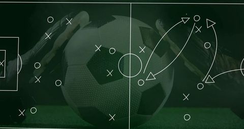 Strategic Soccer Playbook Overlay with Players Kicking Ball