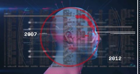 Translucent Head Under HUD Biometric Scan with Red Reticle and Holographic Data Overlay