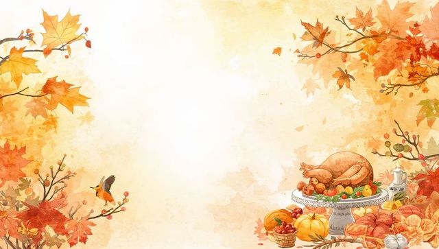 Roasted thanksgiving turkey on pedestal anchoring watercolor autumn feast with pumpkins