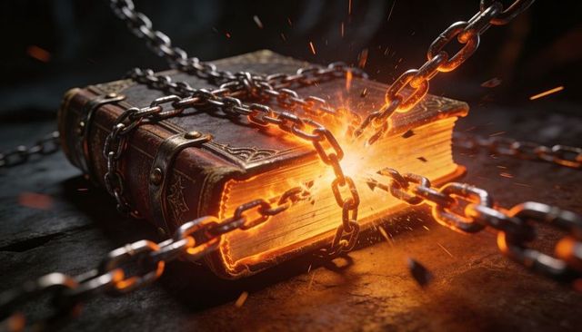 Glowing grimoire emitting molten orange light, chains binding ancient leather tome