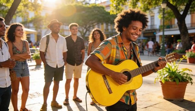 Smiling street guitarist playing yellow acoustic guitar in sunny plaza during golden hour
