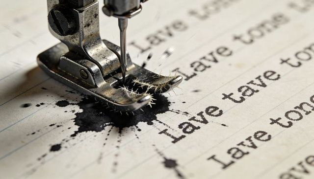 Sewing Needle Piercing Lined Paper Over Ink Blot Macro Closeup Showing Fabric Fiber Detail
