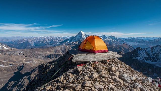 Orange dome tent perched on wooden summit platform over expansive snowy mountain range