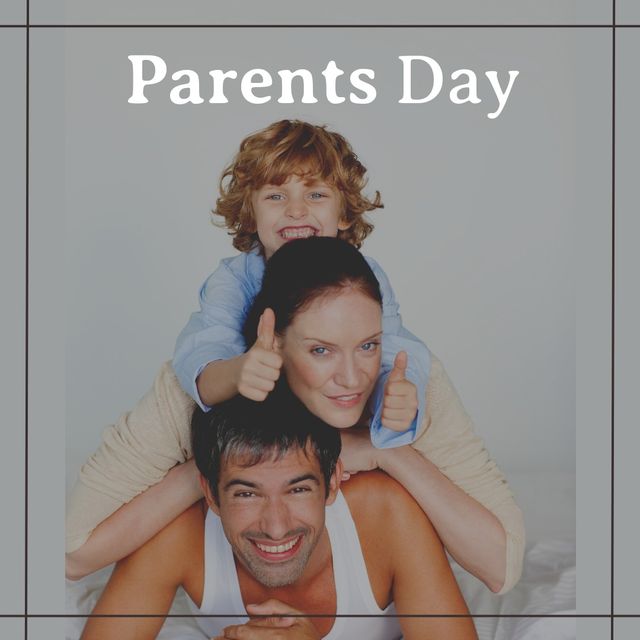 Parents day text banner over caucasian couple and their son smiling against white background. parents day awareness concept