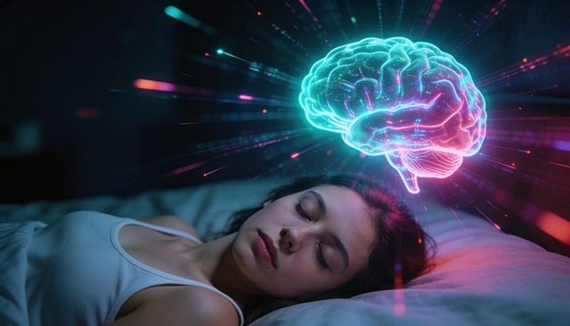 Sleeping woman with neon brain hologram visualizing dreaming, neural activity, consciousness