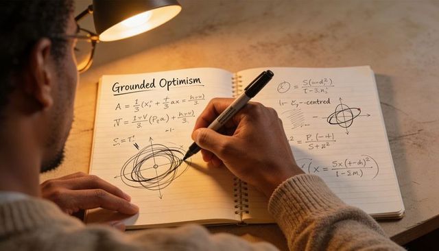 Grounded optimism: man sketching orbital diagrams and equations on spiral notebook under warm lamp
