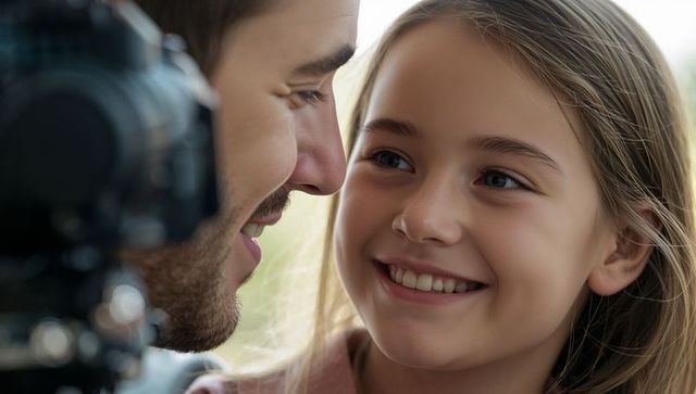 Father and daughter sharing warm smile and close gaze by window with camera rig intimate portrait