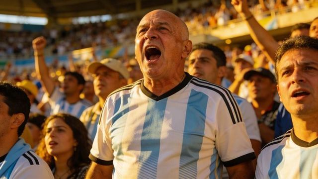 Sunlit senior hispanic fan cheering passionately in argentina jersey at crowded stadium