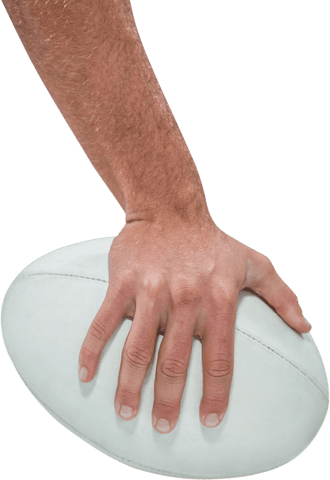 Transparent rugby player's hand gripping rugby ball close-up