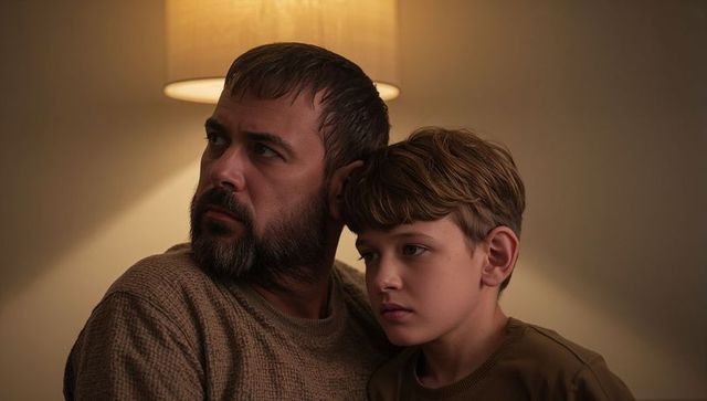Bearded father holding son looking concerned in warm living room lamp light