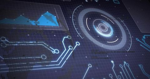 Pulsing Radial HUD on Neon Circuit Grid Displaying Tech Analytics and Futuristic Interface