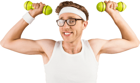 Comical man lifting dumbbells on transparent background