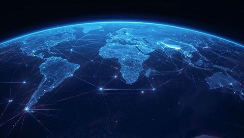 Glowing digital earth mapping global network connections with neon continental mesh