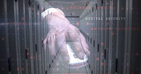 Cyber Security Threat with Digital Hand and Server Room Overlay