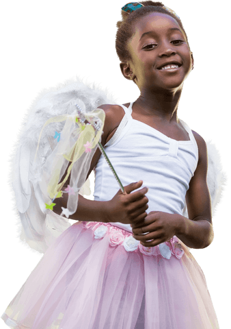 Charming young girl wearing angel wings and costume, smiling joyfully, transparent