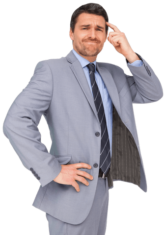 Confused Businessman in Gray Suit Isolated on Transparent