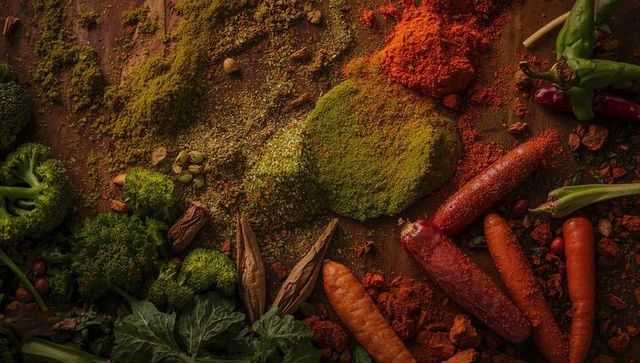 Arranging rustic colorful spices, carrots, broccoli and chilies on dark wood tabletop
