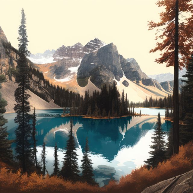 Scenery with mountains, forest and lake created using generative ai technology. Landscape and nature concept digitally generated image.