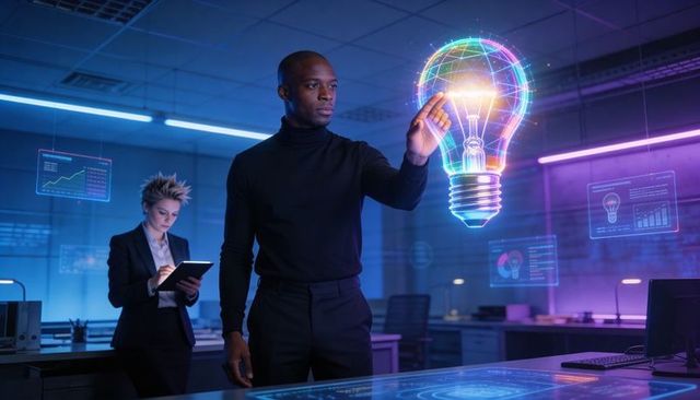 Innovator manipulating holographic bulb interface for data visualization and collaboration
