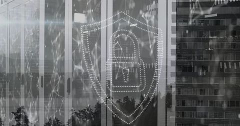 Digital Security Shield Overlay on Urban Skyscraper