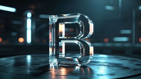 Crystal letter b reflecting light on metal in futuristic interior