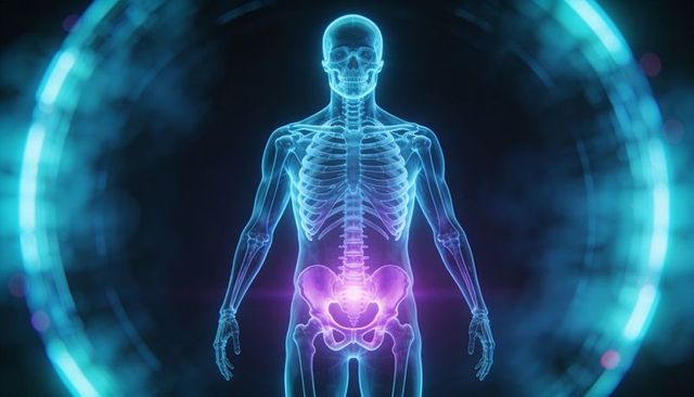 Holographic human skeleton highlighting pelvic region with neon diagnostic glow